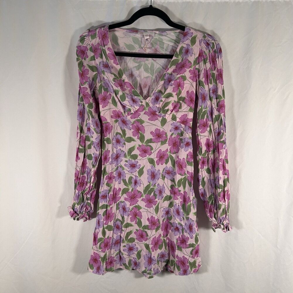 Gianni Bini Mini Dress Women's XS Pink Floral Vneck Long Sleeve Pullover